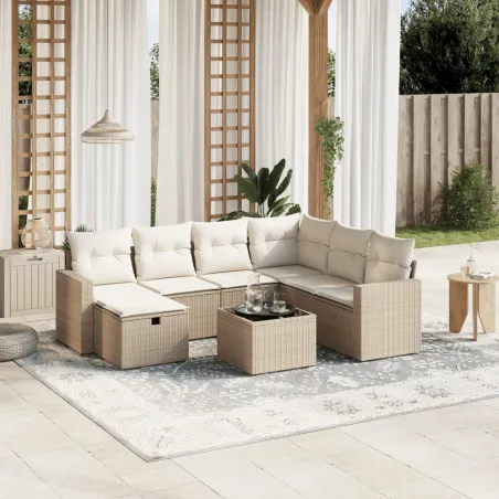 Salon de jardin avec coussins 8 pcs beige résine tressée
