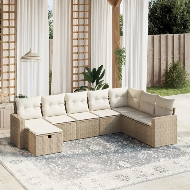 Salon de jardin avec coussins 8 pcs beige résine tressée