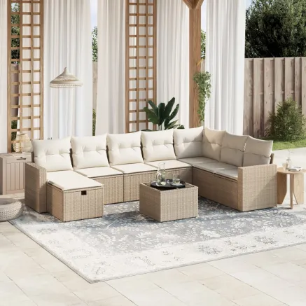 Salon de jardin avec coussins 9 pcs beige résine tressée
