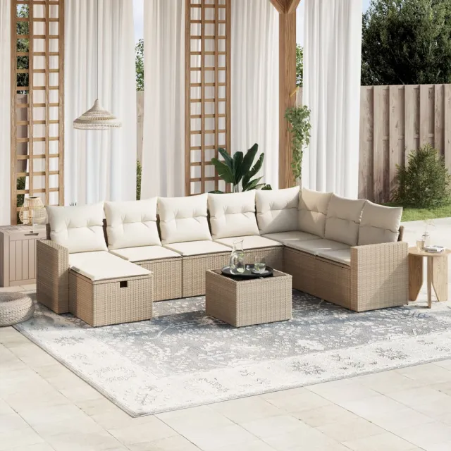 Salon de jardin avec coussins 9 pcs beige résine tressée