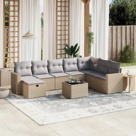 Salon de jardin avec coussins 9pcs mélange beige résine tressée