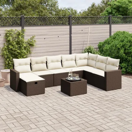 Salon de jardin avec coussins 9 pcs marron résine tressée