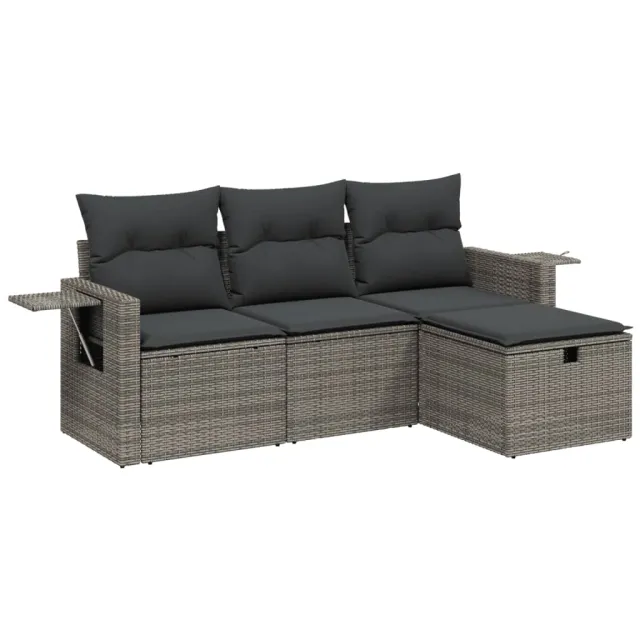Salon de jardin 4 pcs avec coussins gris résine tressée