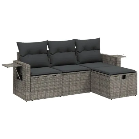 Salon de jardin 4 pcs avec coussins gris résine tressée