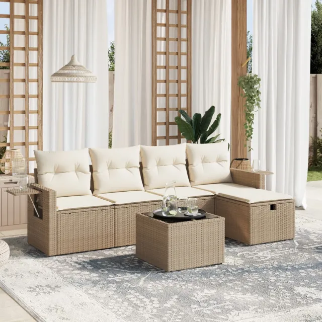 Salon de jardin avec coussins 6 pcs beige résine tressée
