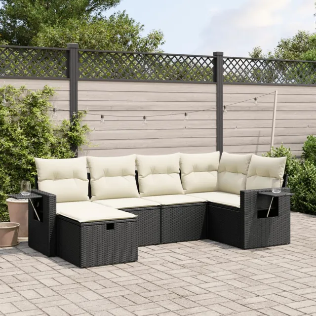 Salon de jardin 6 pcs avec coussins noir résine tressée
