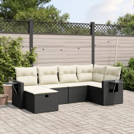 Salon de jardin 6 pcs avec coussins noir résine tressée