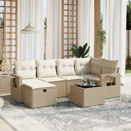 Salon de jardin avec coussins 7 pcs beige résine tressée