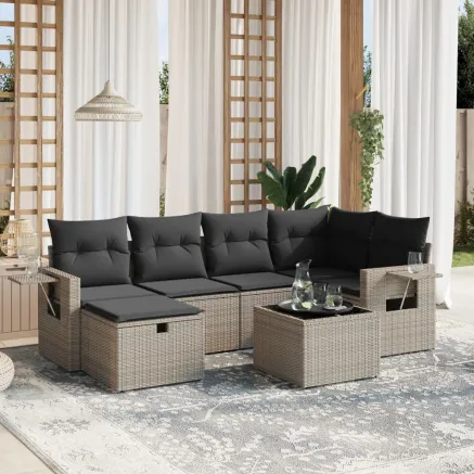 Salon de jardin avec coussins 7 pcs gris résine tressée