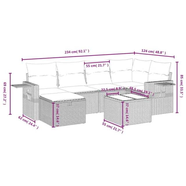 Salon de jardin avec coussins 7 pcs gris résine tressée