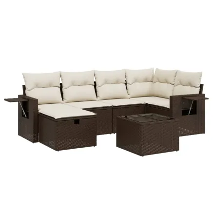 Salon de jardin avec coussins 7 pcs marron résine tressée 2
