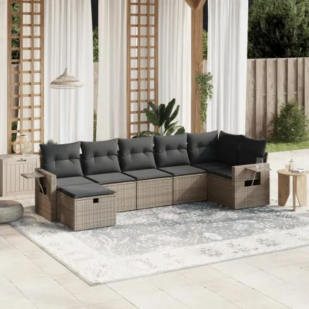 Salon de jardin avec coussins 7 pcs gris résine tressée
