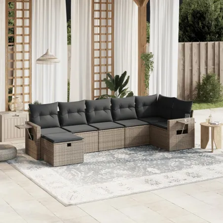 Salon de jardin avec coussins 7 pcs gris résine tressée