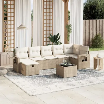 Salon de jardin avec coussins 8 pcs beige résine tressée