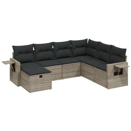 Salon de jardin avec coussins 7 pcs gris résine tressée