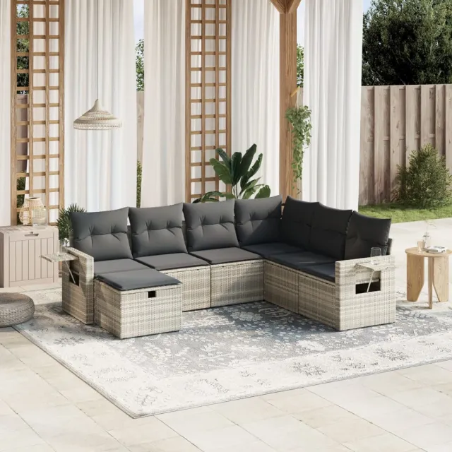 Salon de jardin avec coussins 7 pcs gris clair résine tressée