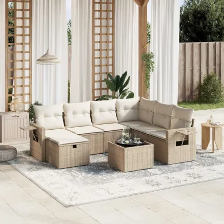 Salon de jardin avec coussins 8 pcs beige résine tressée