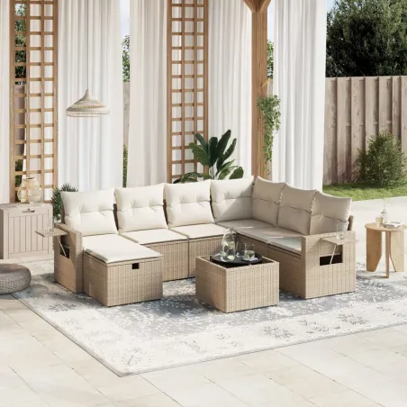 Salon de jardin avec coussins 8 pcs beige résine tressée