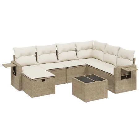 Salon de jardin avec coussins 8 pcs beige résine tressée