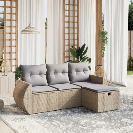 Salon de jardin avec coussins 4pcs mélange beige résine tressée