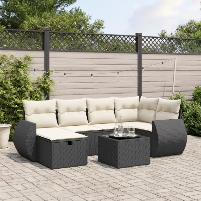 Salon de jardin 7 pcs avec coussins noir résine tressée