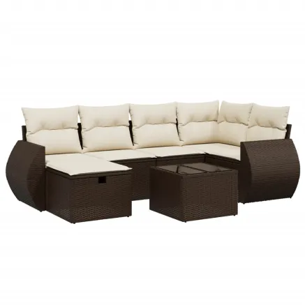Salon de jardin avec coussins 7 pcs marron résine tressée 2