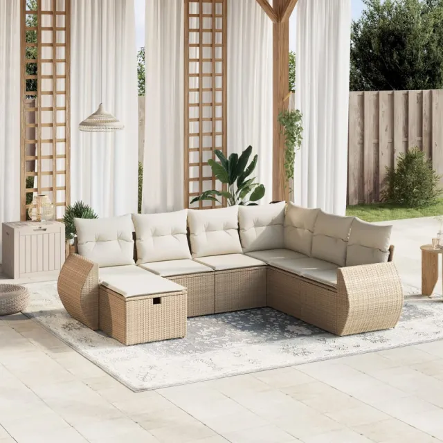 Salon de jardin avec coussins 7 pcs beige résine tressée