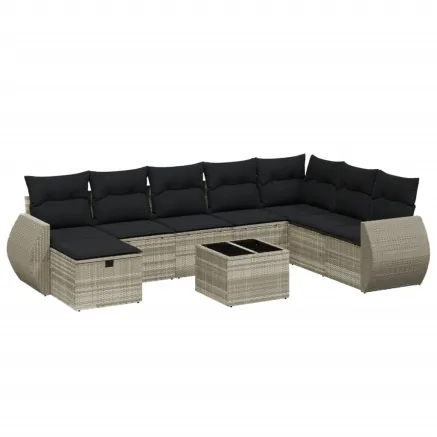 Salon de jardin 9 pcs avec coussins gris clair résine tressée 2