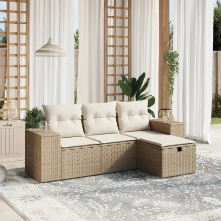 Salon de jardin avec coussins 4 pcs beige résine tressée