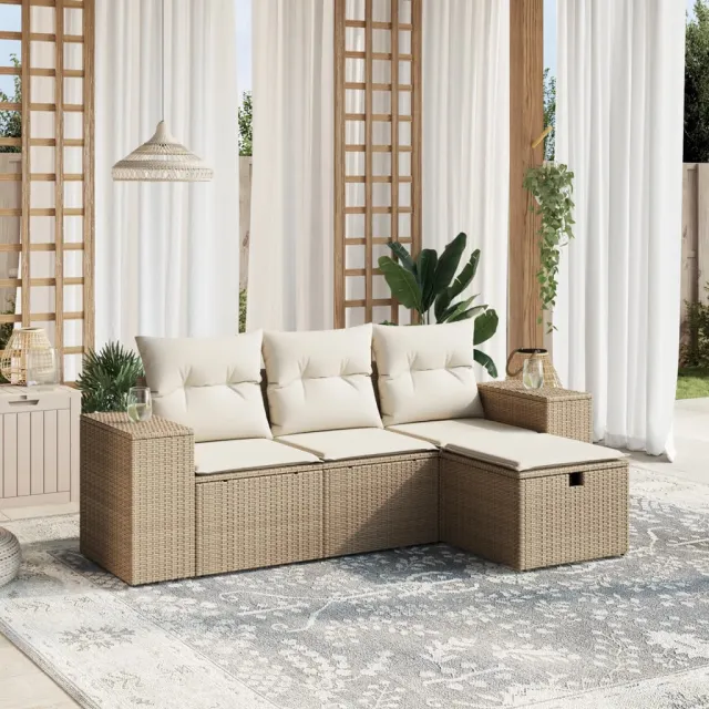 Salon de jardin avec coussins 4 pcs beige résine tressée