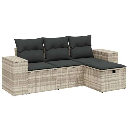 Salon de jardin 4 pcs avec coussins gris clair résine tressée 2