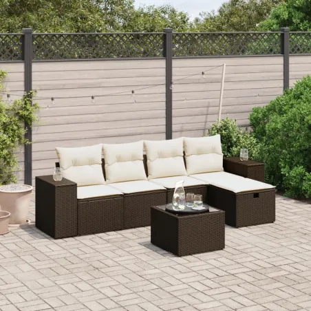 Salon de jardin avec coussins 6 pcs marron résine tressée
