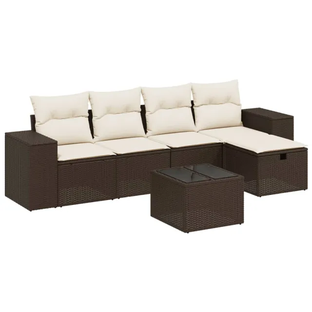 Salon de jardin avec coussins 6 pcs marron résine tressée