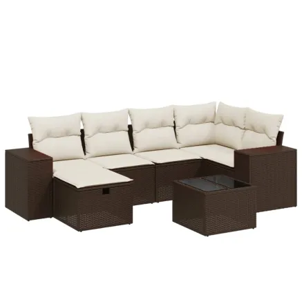 Salon de jardin avec coussins 7 pcs marron résine tressée 2