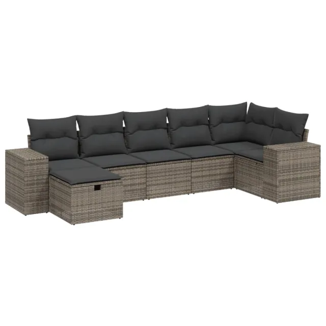 Salon de jardin avec coussins 7 pcs gris résine tressée