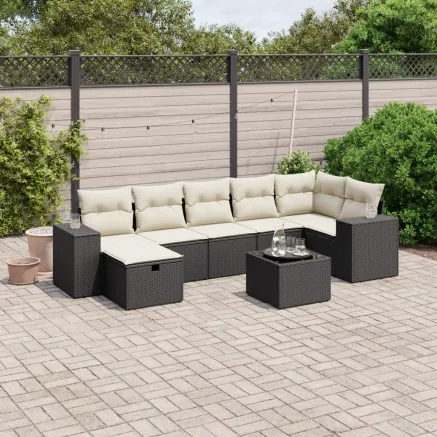 Salon de jardin 8 pcs avec coussins noir résine tressée