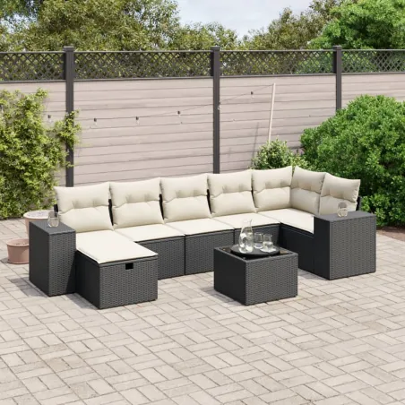 Salon de jardin 8 pcs avec coussins noir résine tressée