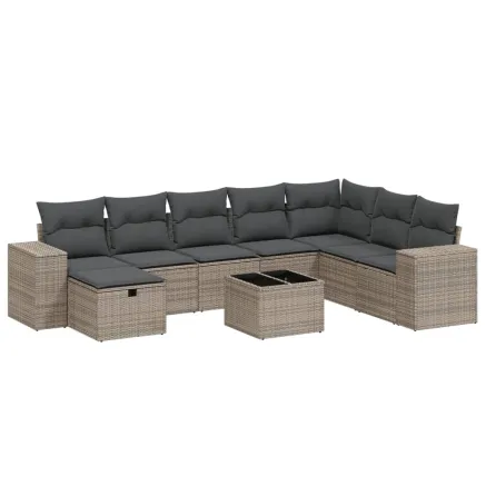 Salon de jardin 9 pcs avec coussins gris résine tressée 2