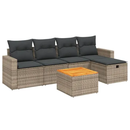 Salon de jardin 6 pcs avec coussins gris résine tressée 2