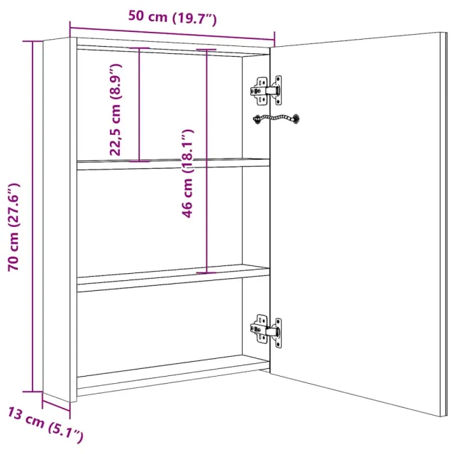 Armoire de salle de bain à miroir LED blanc et chêne 50x13x70cm