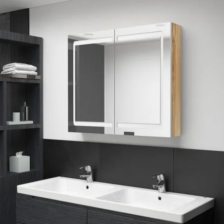 Armoire de salle de bain à miroir à LED Blanc et chêne