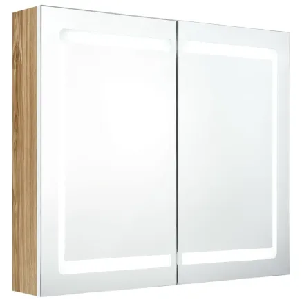 Armoire de salle de bain à miroir à LED Blanc et chêne 2