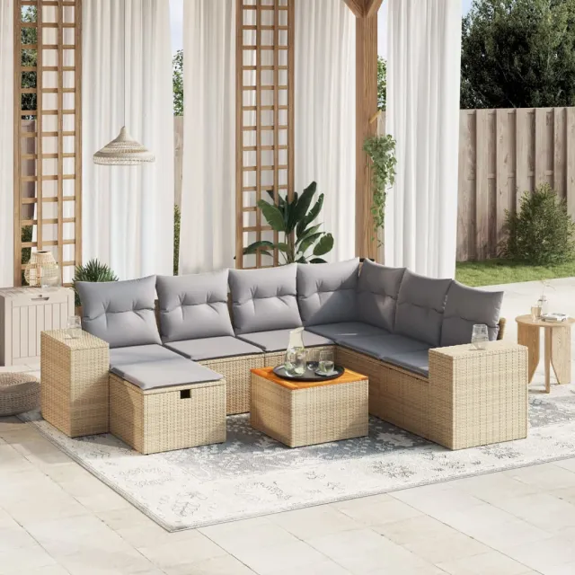 Salon de jardin avec coussins 8pcs mélange beige résine tressée