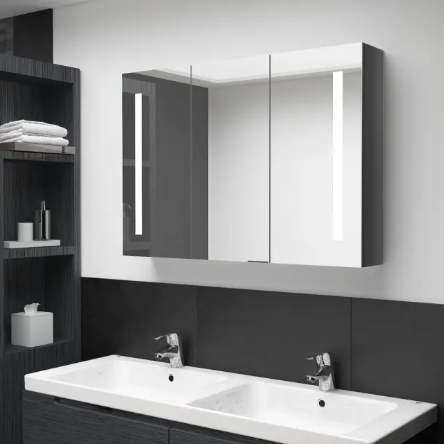 Armoire de salle de bain à miroir LED 89x14x62 cm Gris brillant