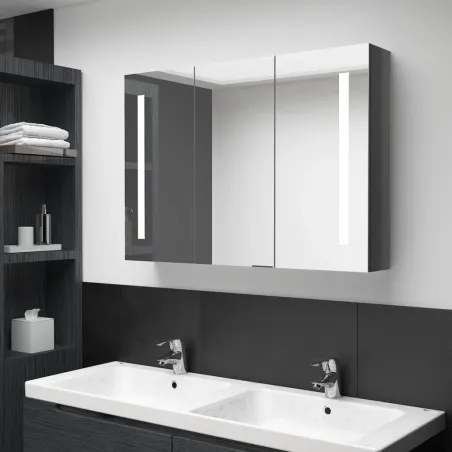 Armoire de salle de bain à miroir LED 89x14x62 cm Gris brillant
