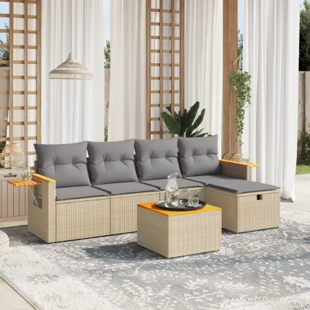 Salon de jardin avec coussins 6pcs mélange beige résine tressée