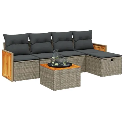 Salon de jardin 6 pcs avec coussins gris résine tressée 2