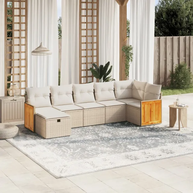 Salon de jardin avec coussins 7 pcs beige résine tressée