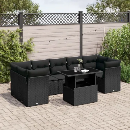 Salon de jardin 8 pcs avec coussins noir résine tressée