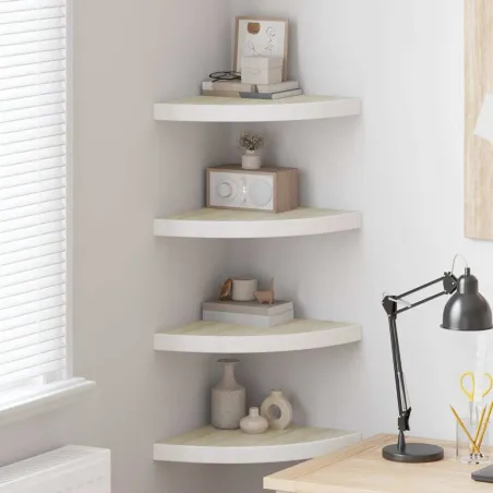 Étagères d'angle murales 4 pcs Chêne et blanc 35x35x3,8 cm MDF